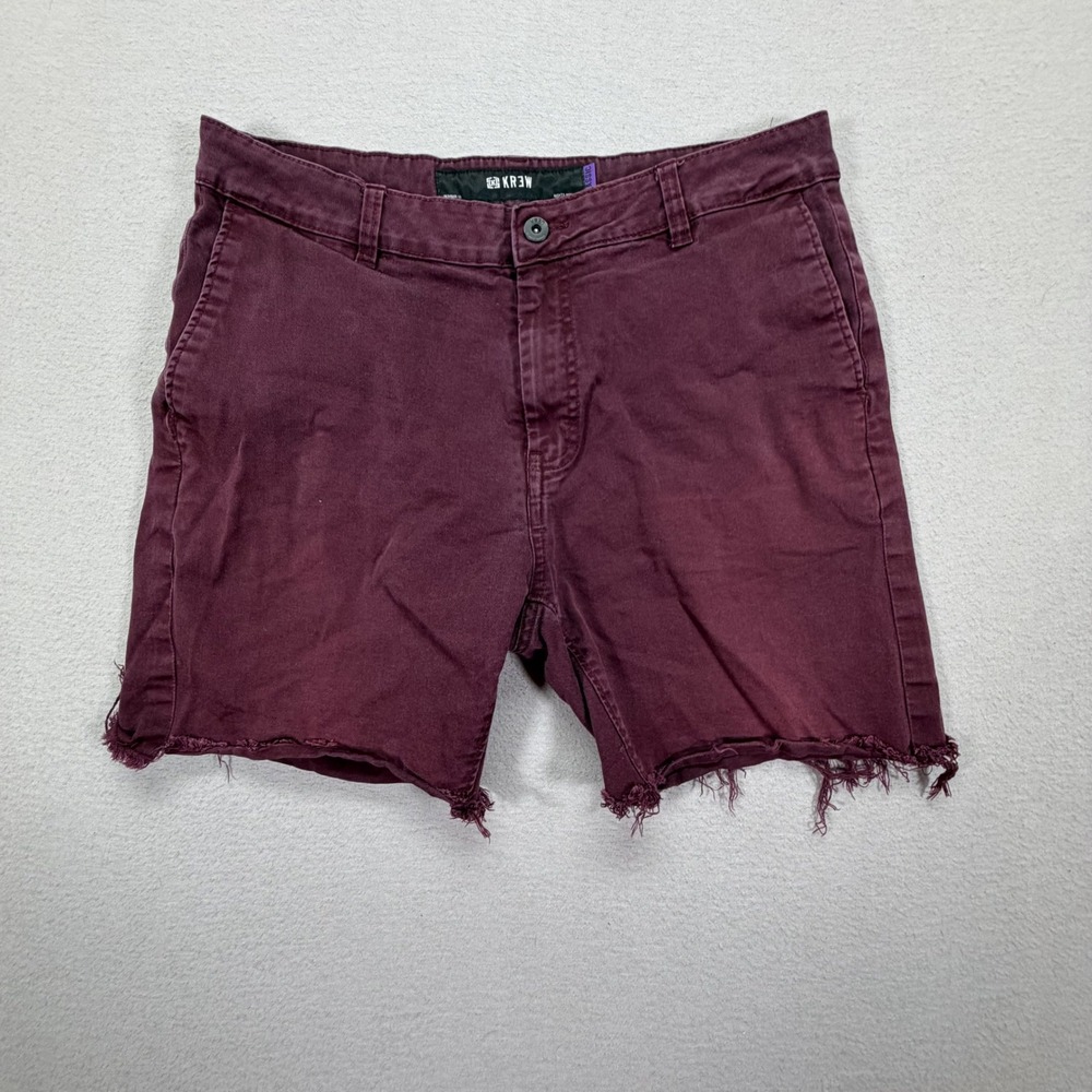 KR3W Mens Chino Shorts Slim Burgundy Raw Hem Distressed 32W